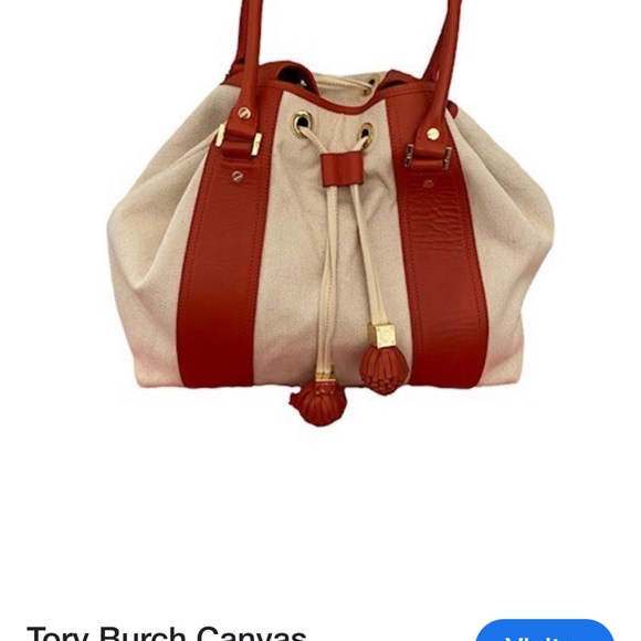 Tory Burch Gwendolyn orange and Cream Canvas leather trim Tote Bag